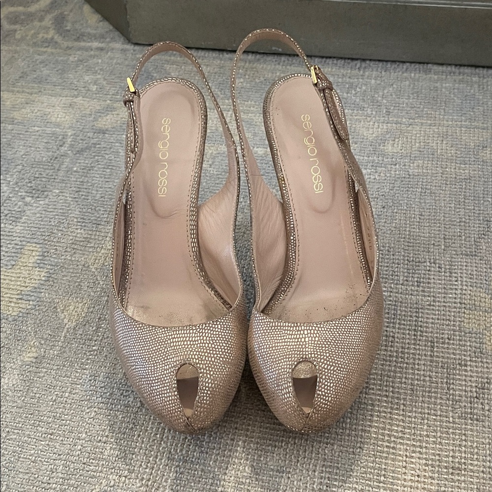 Sergio Rossi Beige Peep Toe Slingback Heels